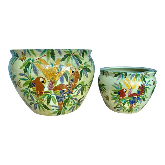 Vintage Asian Fish Bowl/ Planter With Red Parrot Macaw - Set of 2 For Sale