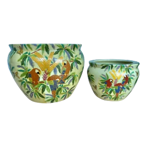 Vintage Asian Fish Bowl/ Planter With Red Parrot Macaw - Set of 2