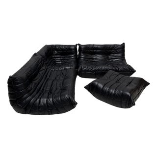 Vintage Togo Sofa in Black Leather by Michel Ducaroy for Ligne Roset, 1990s, Set of 4 For Sale