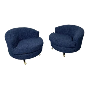 Pair of Mid-Century Rolling Swivel Lounge / Slipper Chairs, Baughman Style