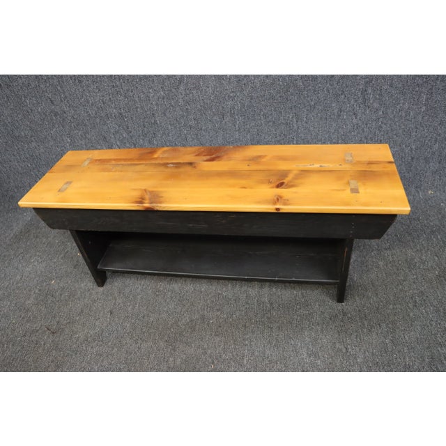 Country Rustic style bench , made of pine , natural finish top with black painted base , legs through mortised into seat