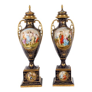 Large Antique 19th Century Porcelain Vases on Stands from Royal Vienna, Set of 2 For Sale
