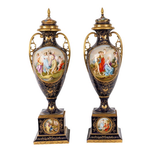 Large Antique 19th Century Porcelain Vases on Stands from Royal Vienna, Set of 2 For Sale
