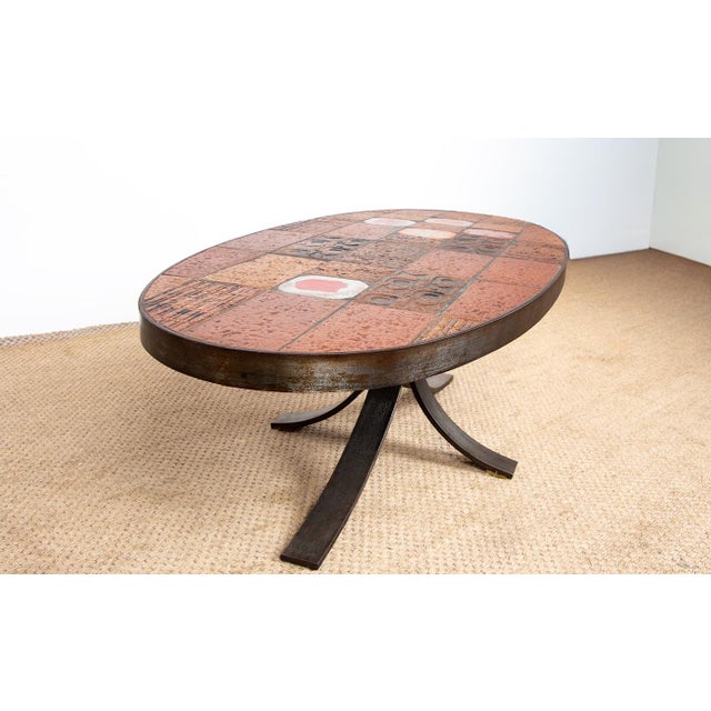 Red Coffee Table in Lava Stone, Ceramic and Steel by Jean Jaffeux, 1960s For Sale - Image 8 of 15