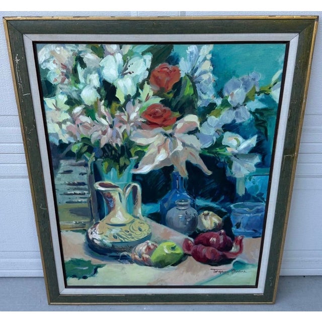 1984 Torgesen Murdock Original Oil Painting – Floral Still Life With Lilies, Roses & Ceramic Pitcher For Sale - Image 16 of 18
