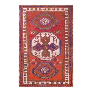 1920s Red Medallion Tribal Caucasian Kazak Lori Pombak Carpet 4'9" X 6'10" Handknotted Wool Rug For Sale