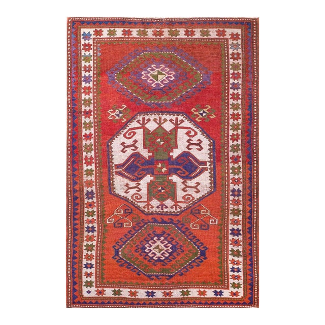 1920s Red Medallion Tribal Caucasian Kazak Lori Pombak Carpet 4'9" X 6'10" Handknotted Wool Rug For Sale