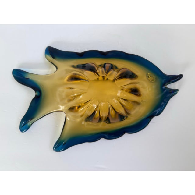 Vintage Amber and Teal Blue Murano-Style Art Glass Fish Bowl For Sale - Image 10 of 11
