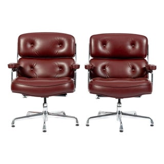 Pair Eames Herman Miller Time Life Lobby Red Leather Office Chairs For Sale