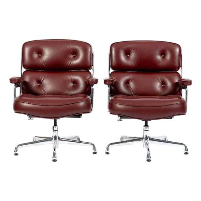 Pair Eames Herman Miller Time Life Lobby Red Leather Office Chairs For Sale