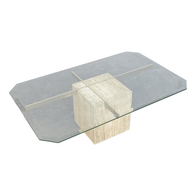 Coffee Table in Travertine Stone, Brass and Glass from Artedi, Italy, 1970s For Sale