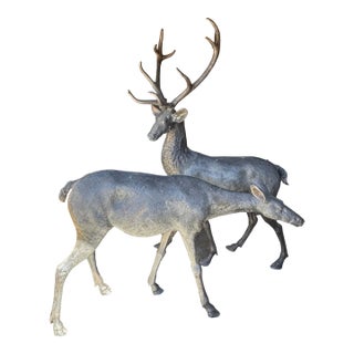 Late 20th Century Life Size Bronze Cast Buck and Doe Deer Statues, 2 Pieces For Sale
