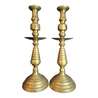 Monumental 19" Antique Brass Synagogue Shabbat Candlesticks - 19th Century For Sale