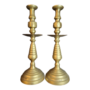 Monumental 19" Antique Brass Synagogue Shabbat Candlesticks - 19th Century
