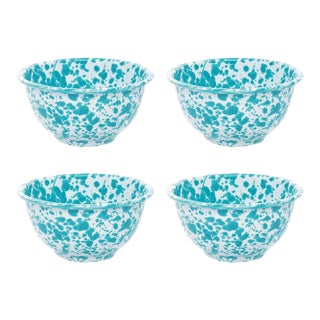 Crow Canyon Home Splatterware, 14 oz. Small Footed Bowls in Turquoise & White - Set of 4 For Sale