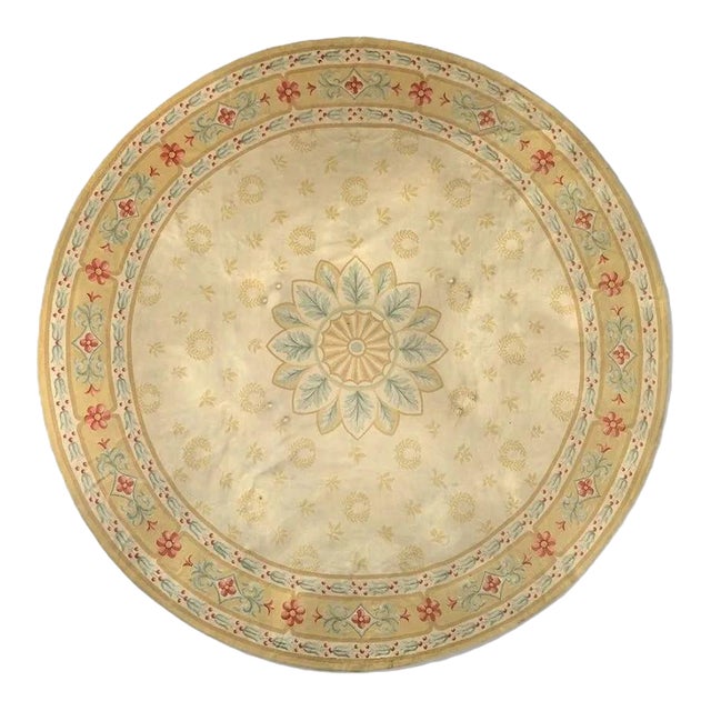 Oversized Antique Round Aubusson Rug in Gold Floral Medallion - Rug & Kilim For Sale