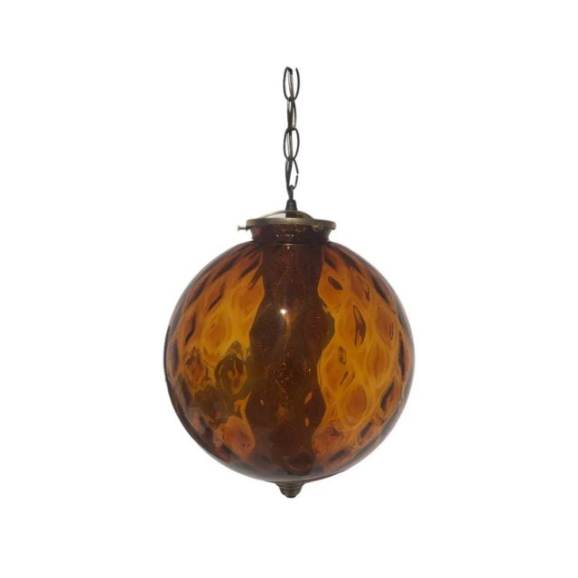 Mid Century Modern 1960s Swag Lamp Blown Glass Art Brass Hanging Ceiling For Sale - Image 11 of 11