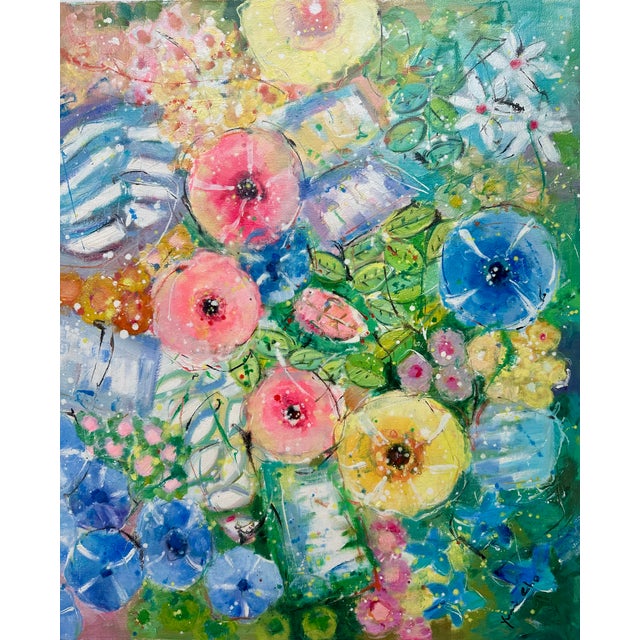 Original oil on unstretched canvas, measuring 20" x 24”. Signed by artist Youn Cho, circa 2024. Cho combines elements of...