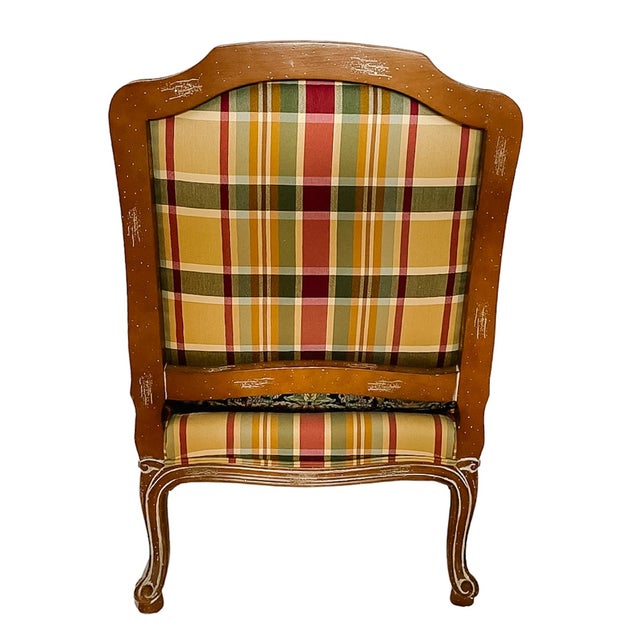 Late 20th Century Louis XV Style Oversized Tapestry & Plaid Slipper Chairs by Wesley Hall - A Pair For Sale - Image 11 of 11