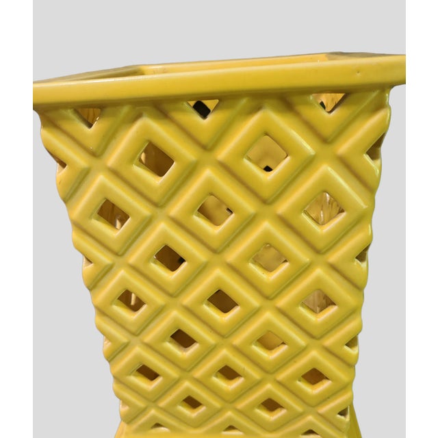 Mid-Century Modern Vintage Lattice Open Work Yellow Glazed Pottery Planter For Sale - Image 3 of 9