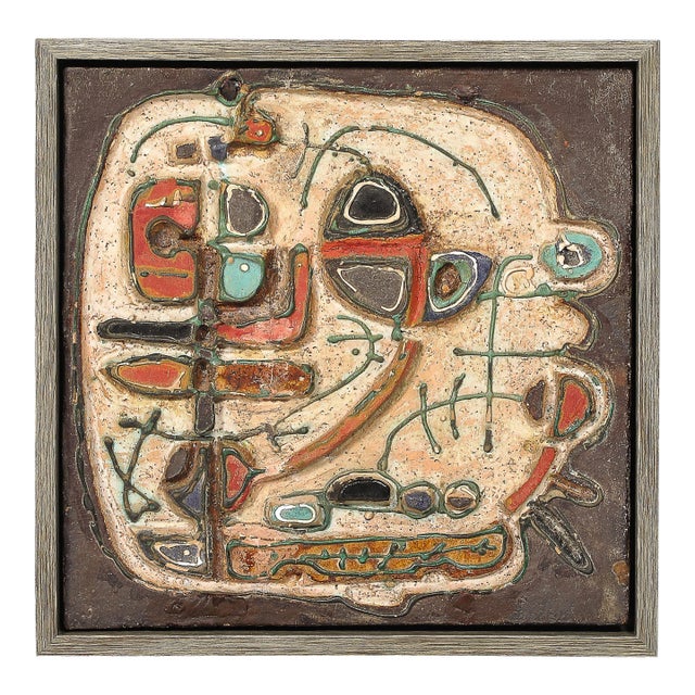 Mid-Century Abstract Israeli Earthenware Plaque in Burnt Umber, Cream & Red Hues, Sofia Kisselov For Sale