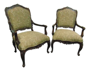 Louis XV Style Carved Faux Painted Lounge Chairs - a Pair