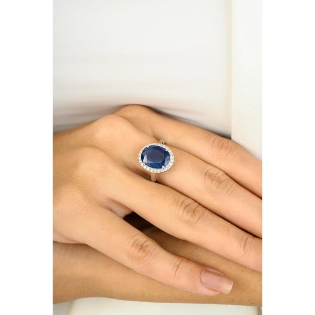 5.47 Carat Blue Sapphire 14k White Gold Halo Diamond Wedding Ring Size 6 For Sale - Image 4 of 12