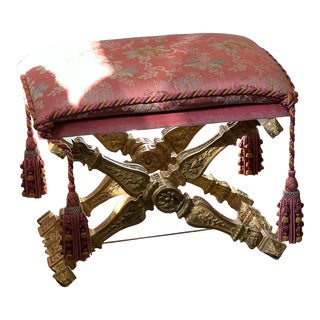 Vintage Neo Classical Gold Leafed Silk Brocade Bench For Sale
