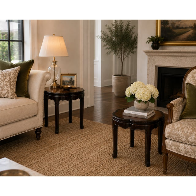 A refined pair of Drexel Heritage side tables showcasing elegant chinoiserie influence and timeless craftsmanship. Each...