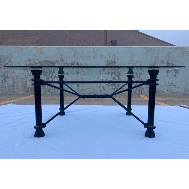 Vintage Giacometti style twisted wrought iron faux verdigris patinated finish base, square beveled glass top coffee table.