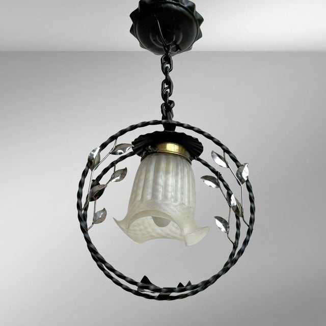 Mid-Century Modern Swedish Modern Wrought Iron Pendant Lamp with Organic Leaf Decor, 1940s For Sale - Image 3 of 11