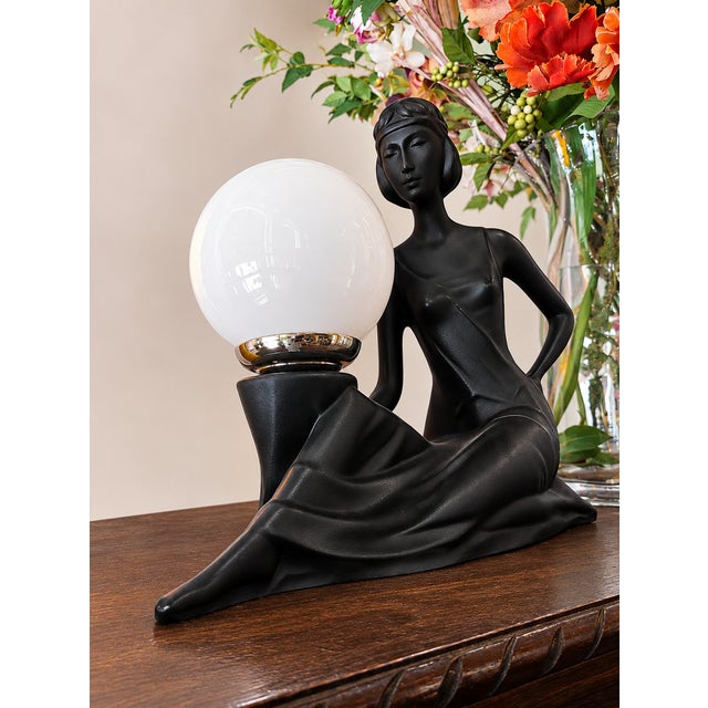 Art Deco Table Lamp with Female Sculpture and Opaline Globe, 1950s, in Flawless conditions. Designed 1920 to 1949 European...