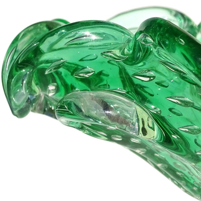 Murano Vintage Murano Green Controlled Bubbles Italian Art Glass Flower Shaped Decorative Ashtray Bowl For Sale - Image 4 of 7