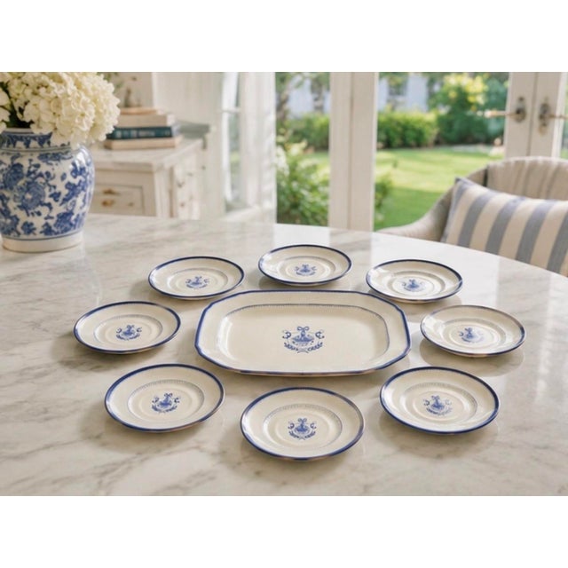 Vintage Neoclassical Cobalt Blue & White Porcelain Serving Set - Platter & 8 Dessert Plates - 9 Pieces For Sale - Image 12 of 12