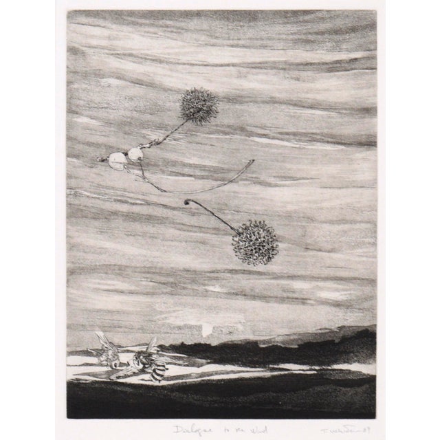 "Dialogue to the Wind" by Tomoya Uchida (American, 20th Century). Plant matter swirls in the air above a minimalist...