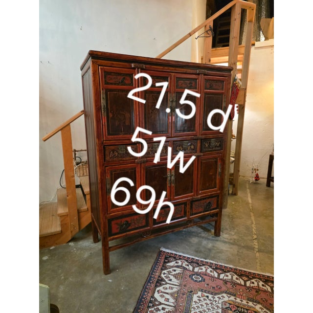 Wood Large Red Asian Storage Cabinet With Red Finish For Sale - Image 7 of 10