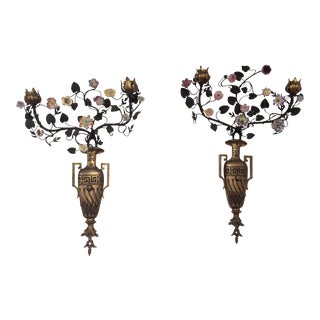 Antique Neoclassical Style Porcelain & Bronze Candle Sconces - A Pair For Sale