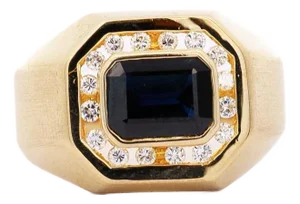 Vintage 2.5 Carat Emerald Cut Blue Sapphire & Diamond Matte Finish Mens Ring