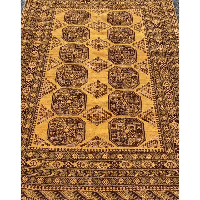 Tribal Hand-Knotted Ersari Rug in Wool With Gul Design in Marigold and Brown 5'2 X 7'8 For Sale - Image 3 of 12