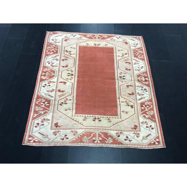 Orange and Tan Turkish Anatolian Vintage Rug 5′8″ × 6′4″ For Sale In Phoenix - Image 6 of 11