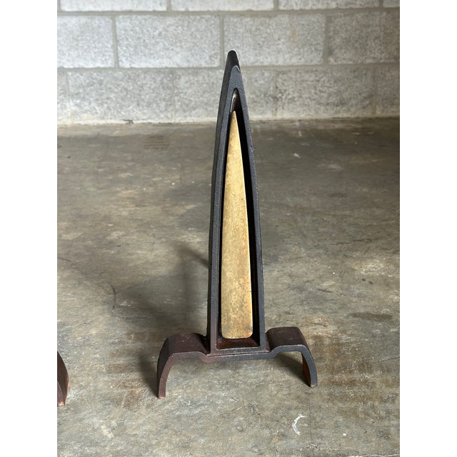 Metal 1950s Iron and Brass Andirons Attributed to Donald Deskey- A Pair For Sale - Image 7 of 12