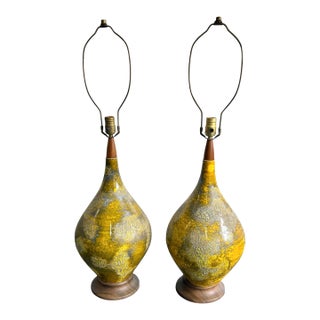Mid Century 1960s Lava Glaze Yellow Table Lamps- A Pair For Sale