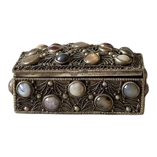 Antique Folk Art Silverplate Jewelry Box With Agate Cabochons, Vintage Trinket Box, Ornate Filigree Keepsake, Boho Global Decor For Sale