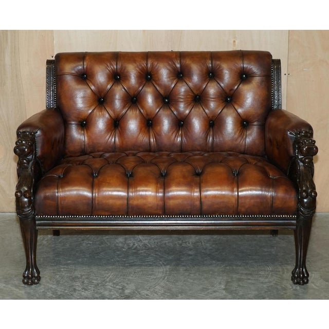 Lion Hand Carved Brown Leather Chesterfield Sofa Armchair Suite, 1880s, Set of 4 For Sale - Image 4 of 18