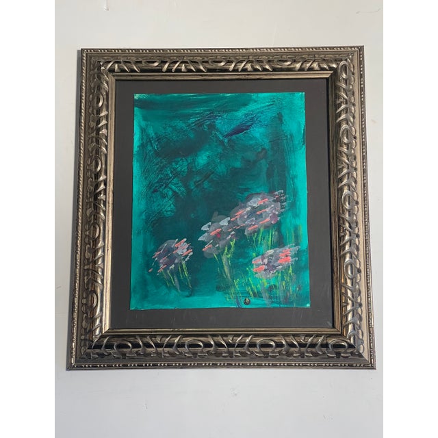 Abstract mixed media on paperboard Florals in Green Grass by Elia in ornate silver frame under glass.