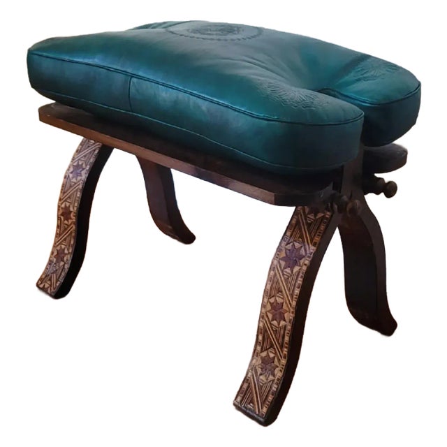 Handcrafted Moroccan Camel Saddle, Genuine Leather Cushion Stool / Emerald Green For Sale