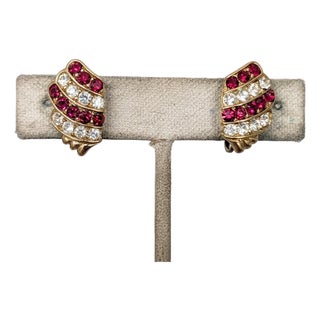Vintage 1980s Signed Trifari Goldtone Faux-Ruby & Clear Rhinestone Clip Earrings-2 Pieces For Sale