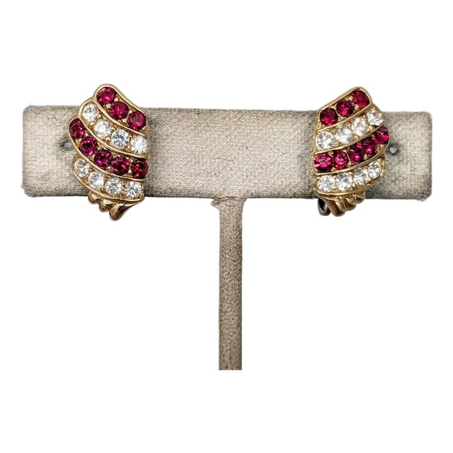 Vintage 1980s Signed Trifari Goldtone Faux-Ruby & Clear Rhinestone Clip Earrings-2 Pieces For Sale