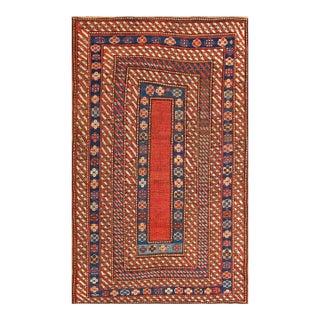 1890s Red Geometric Tribal Caucasian Kazak Carpet 4' X 6'10" Handknotted Wool Carpet For Sale