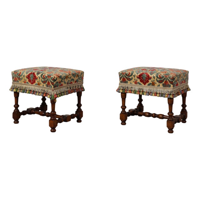 Early 20th Century French Wood & Fabric Ottomans, 1890s, Set of 2 For Sale